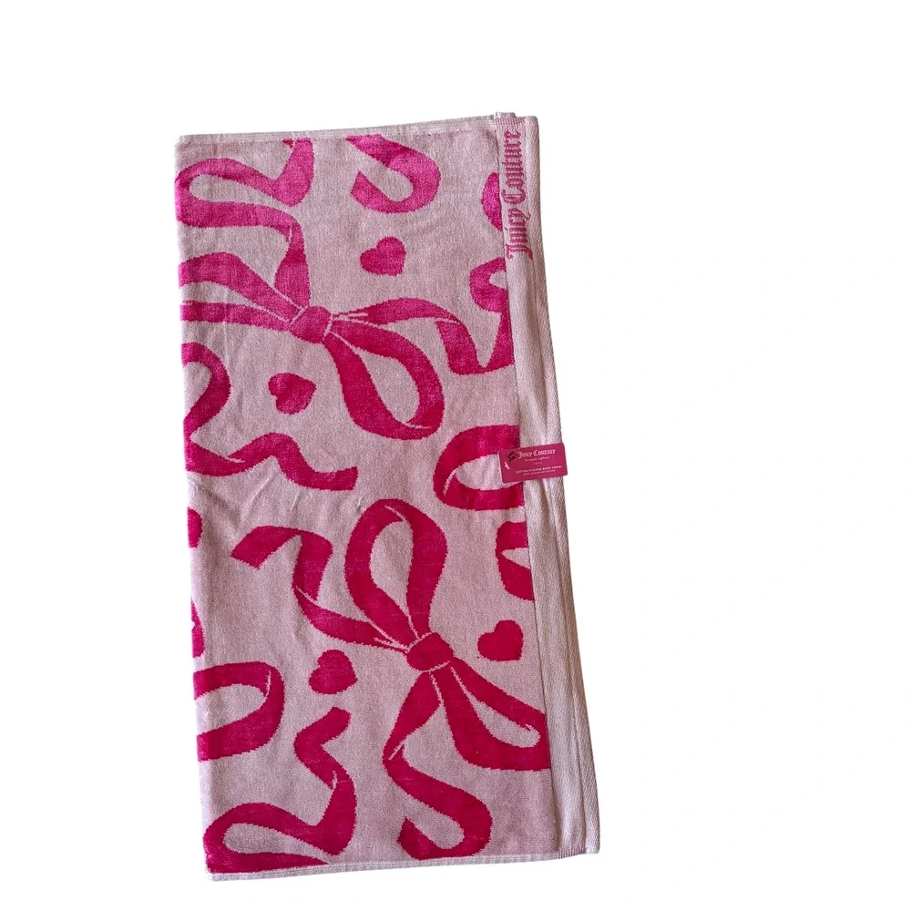 Juicy Couture Pink Bows Hearts Cotton Towel Set of 2 Coquette Bath 28x54 NEW